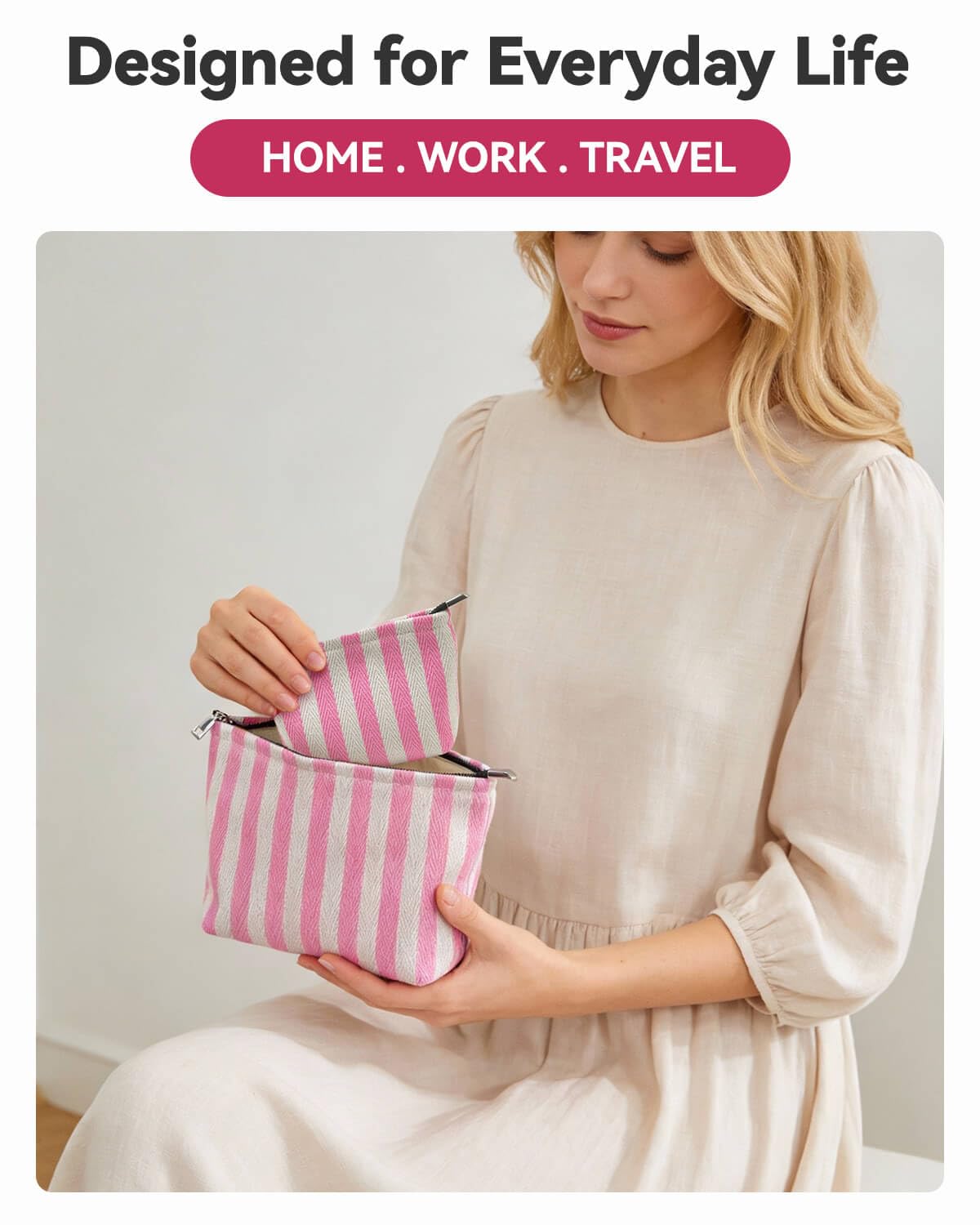 2 Pcs Makeup Bag Set, Women Gifts, Travel Cosmetic Bags, Canvas Make up Bag for Purse, Pink Striped Makeup Pouch with Zipper Lining, Cosmetic Storage Car Organizer, Portable Large & Small Toiletry
