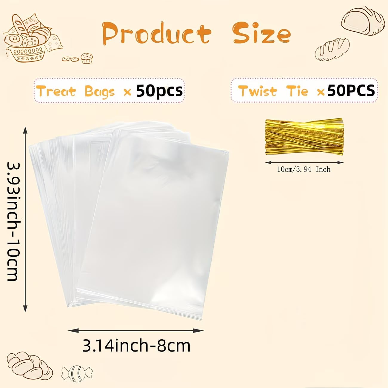 Clear Cellophane Gift Bags With Twist Ties Food Safe Non Toxic Plastic Transparent Party Favor Bags For Cookies Candy, 50pcs, 8 * 10cm/3.14 * 3.93in