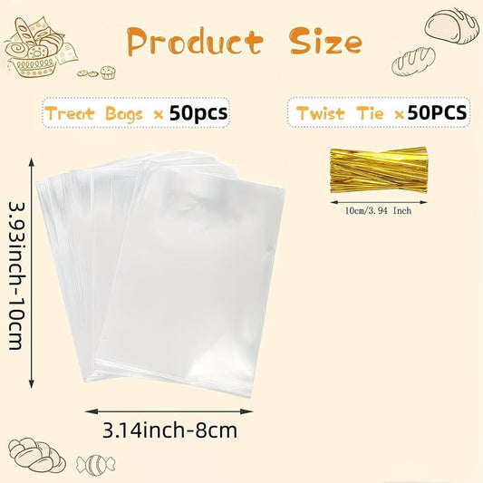 Clear Cellophane Gift Bags With Twist Ties Food Safe Non Toxic Plastic Transparent Party Favor Bags For Cookies Candy, 50pcs, 8 * 10cm/3.14 * 3.93in