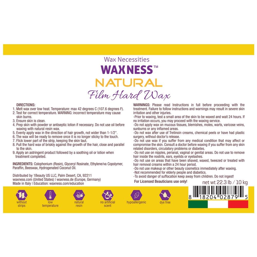 Waxness Film Hard Wax Beads Natural 22 lb (10 kg) – Stripless Professional Hard Wax Bulk Size for Face & Body, Salon Use – Made in Italy