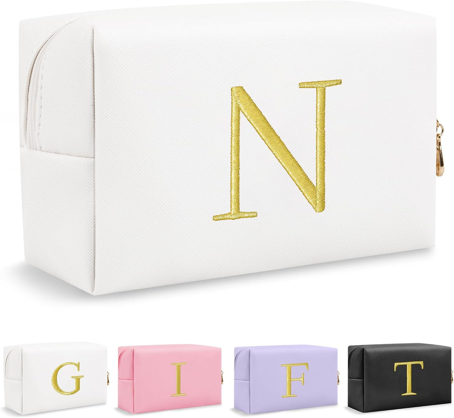 Personalized Initial Makeup Bag - Gold Embroidered Cosmetic Bag for Teens | Custom Travel Toiletry Bag (Black)