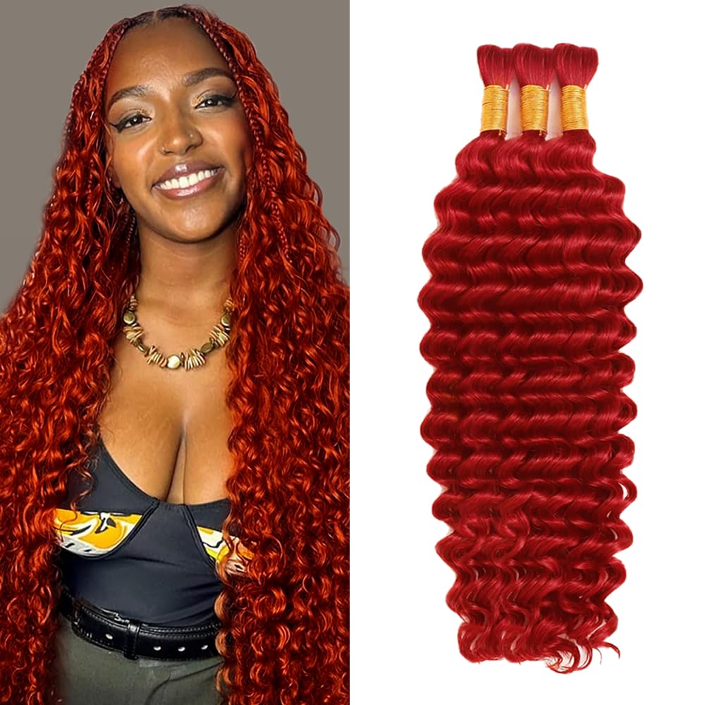 Red Boho Human Hair Braiding Red Boho Hair For Braiding Deep Wave Bulk Braids LadrXadr Epression Prestretched Deep Curly Braids Brazilian No Weft 3 Bundles 150g 18 18 18 inch