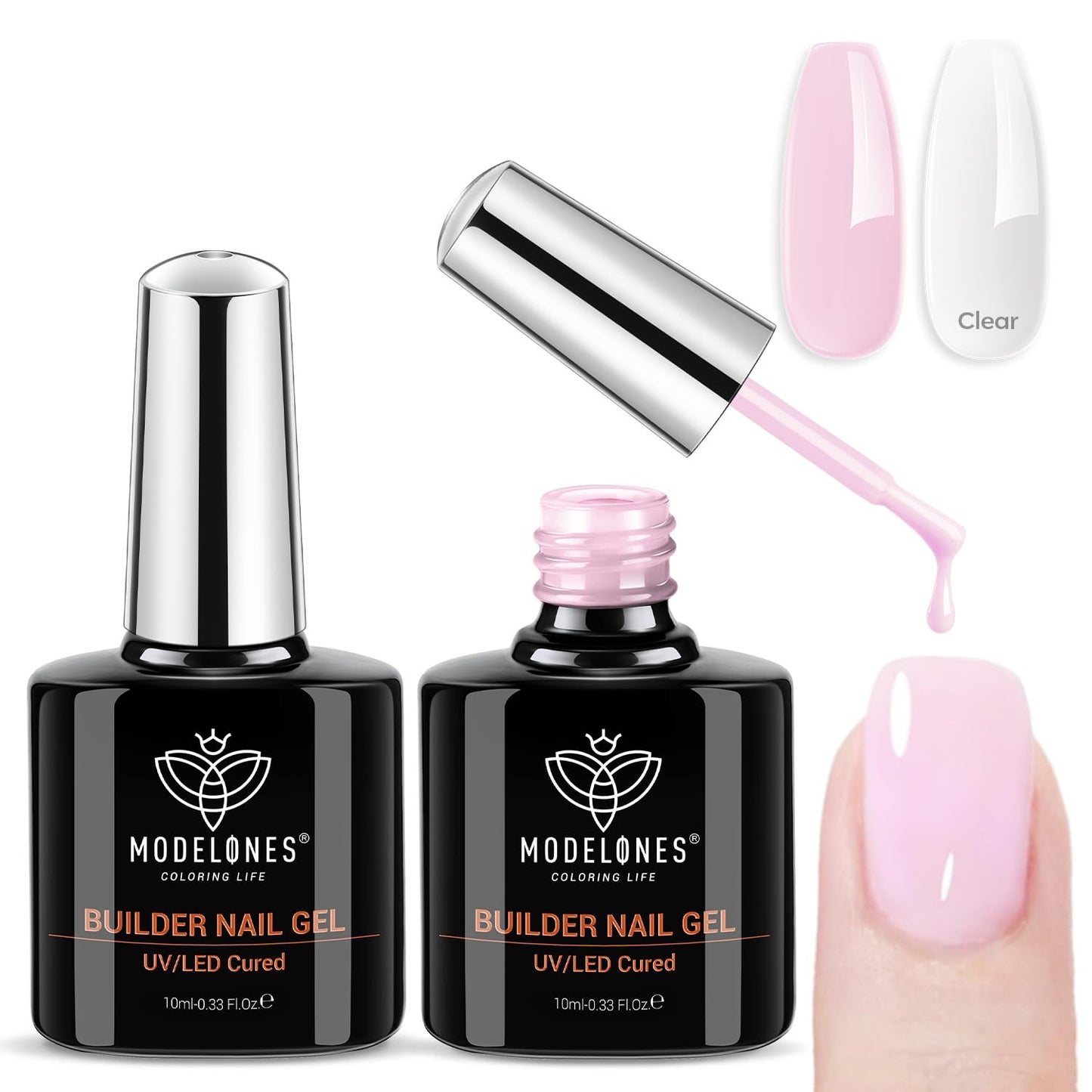 Modelones Builder Rubber Gel Base Coat - Nude Pink Glitter Nail Polish for Strengthening and Apex Building | Long-Lasting UV Manicure