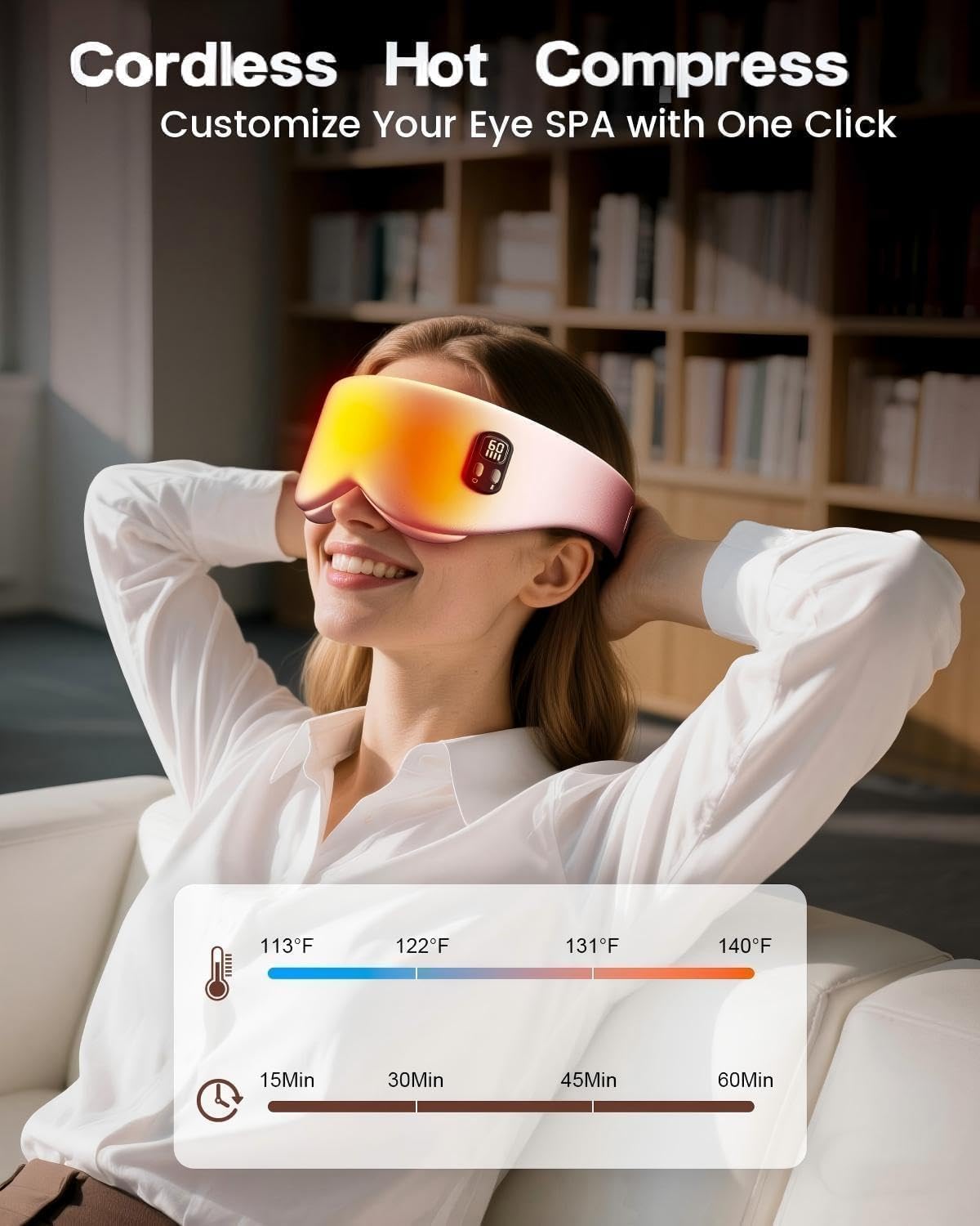 Heated Eye Mask - Cordless Eye Mask for Dry Eyes & Sleep Relief | 4 Temperature Settings, Washable - Pink