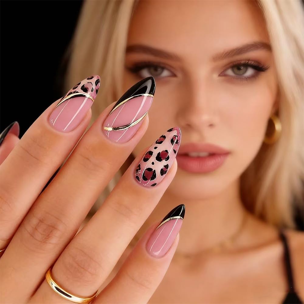 Leopard Print Press-On Nails - Medium French Tip Acrylic Fake Nails | 24 Pcs for Stunning Manicure
