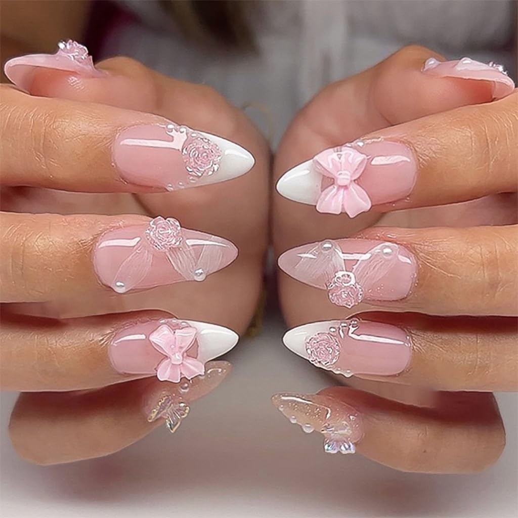 Almond Press-On Nails - Ombre Purple Floral Butterfly Design | 24 Full Cover Rhinestone False Nails for Women