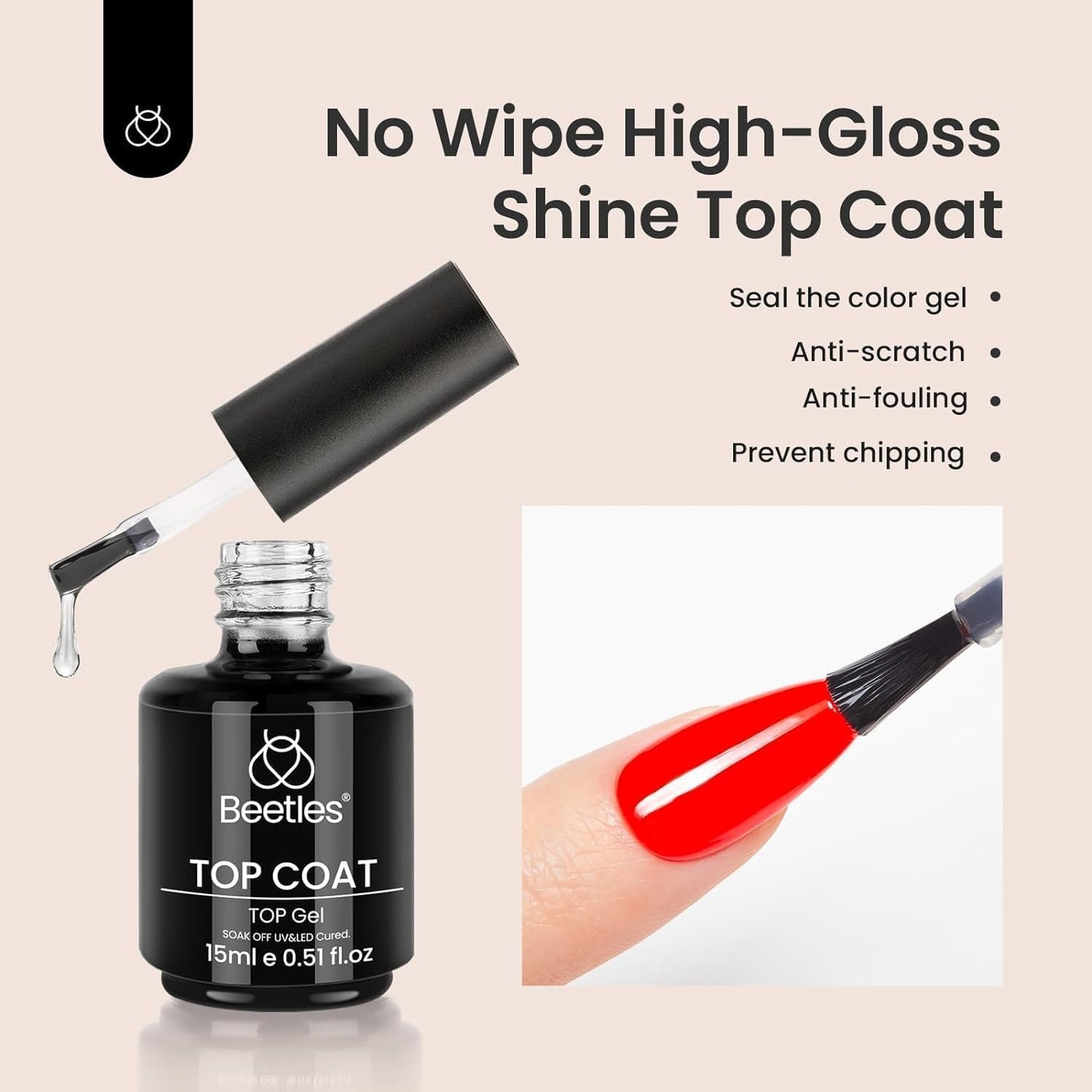 Beetles Gel Polish - No Wipe Top Coat Gel for High Gloss Shine | 2Pcs 15ml Clear Long-Lasting Formula for DIY Manicure