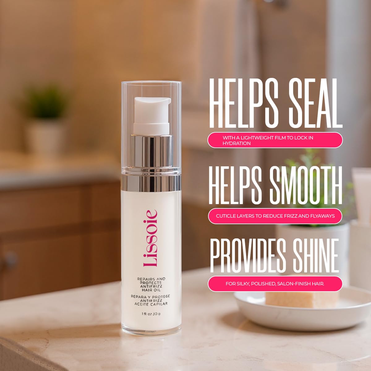 Lissoie Weightless Shine Hair Serum Oil 1 fl oz – Squalane, Avocado & Argan – 48-Hr Hydration, Frizz Tamer, Heat + UV Shield up to 450 °F – Non-Greasy, Paraben & Cruelty-Free Pump Dispenser