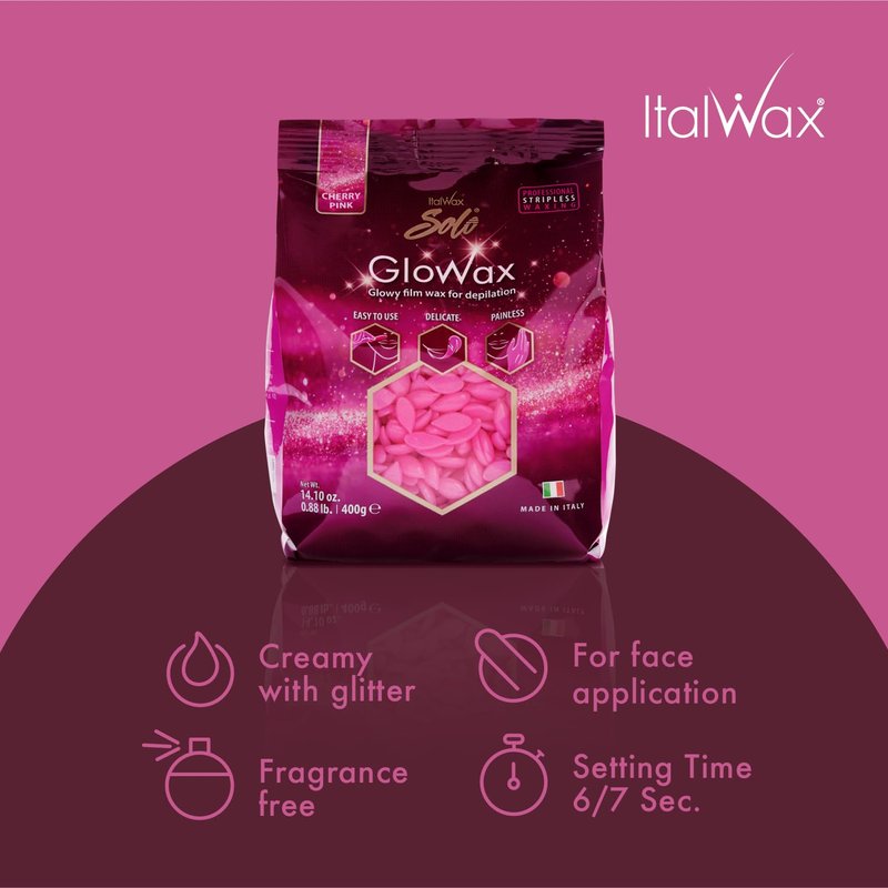 Italwax Cherry Pink Glowax - 400g / 14.10 oz - Hard wax beads for hair removal - Synthetic formulation ideal for sensitive skins - Recommended for delicate areas