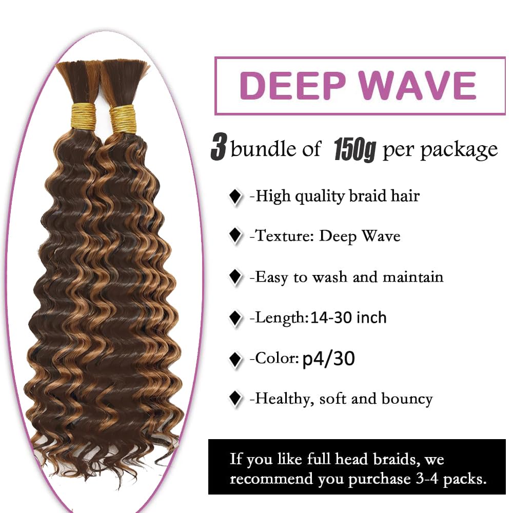 26 26 26 Inch Highlight Brown Human Braidng Hair For Boho Braids P4/30 Boho Human Hair Braiding Deep Wave Braids 3 Bundles/Pack Brown Color 150g
