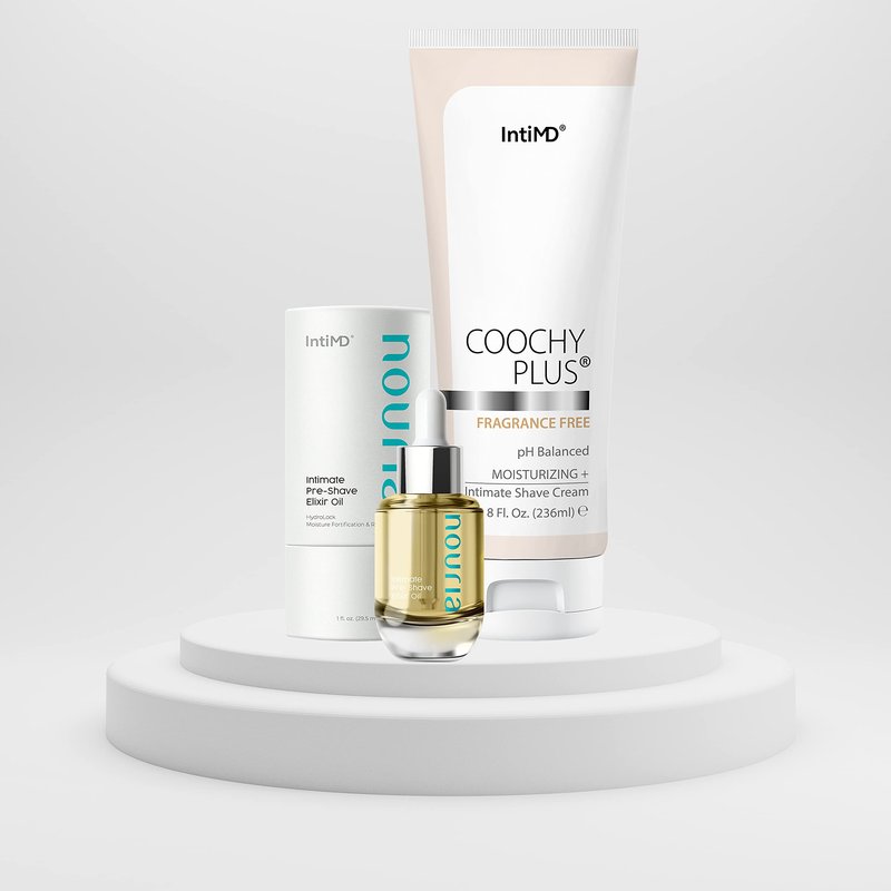 IntiMD Coochy Plus Intimate Shave Cream Fragrance Free + Pre-Shave Elixir Moisturizer Oil Kit - HydroLock & MOISTURIZING PLUS Continuous Hydration Reliefs Razor Burn Bump Ingrown Hair