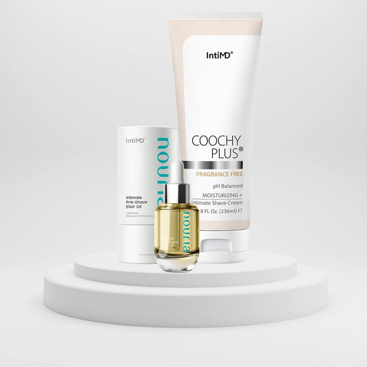 IntiMD Coochy Plus Intimate Shave Cream Fragrance Free + Pre-Shave Elixir Moisturizer Oil Kit - HydroLock & MOISTURIZING PLUS Continuous Hydration Reliefs Razor Burn Bump Ingrown Hair