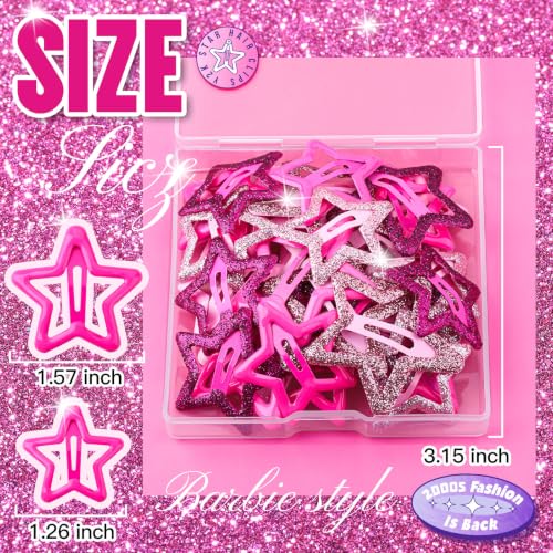 YGDZ 30PCS Y2K Pink Star Hair Clips Set - Glitter Barrettes & Snap Clips