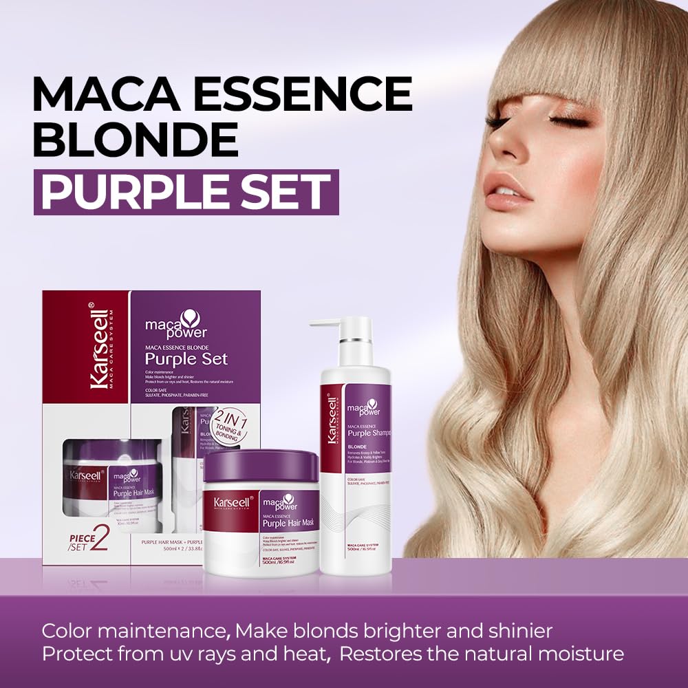 Karseell Purple Hair Mask & Shampoo Set - Neutralizes Brass & Yellow Tones for Blonde, Gray, Silver Hair | 2 x 16.9 fl oz