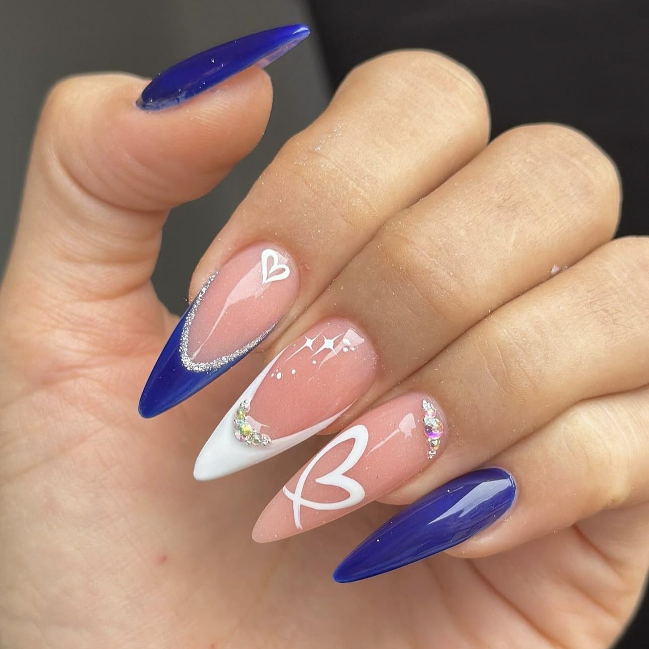 Red French Tip Press-On Nails - Almond Shape with 3D Crystal Designs | 24 Pcs Reusable Nail Kit for Manicure