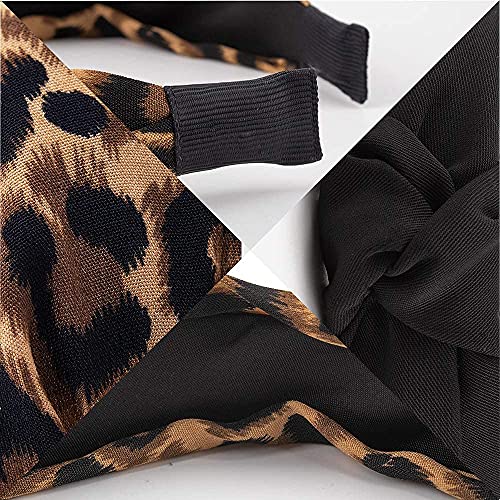 KICOSY 2PCS Wide Non-Slip Leopard & Black Knot Headbands for Women & Girls