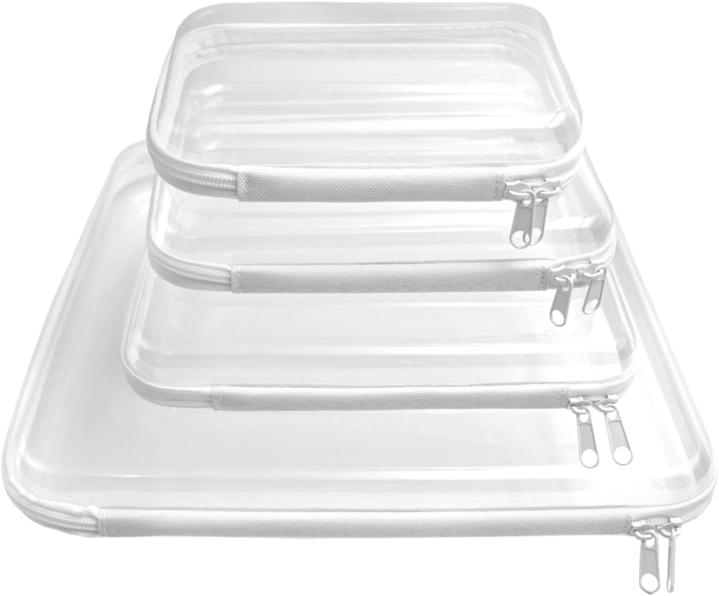 Clear Hard Shell Double-Zipper Pouches - Transparent Organizer Bags for Travel, Cosmetics & Toiletries | 4-Pack (White)