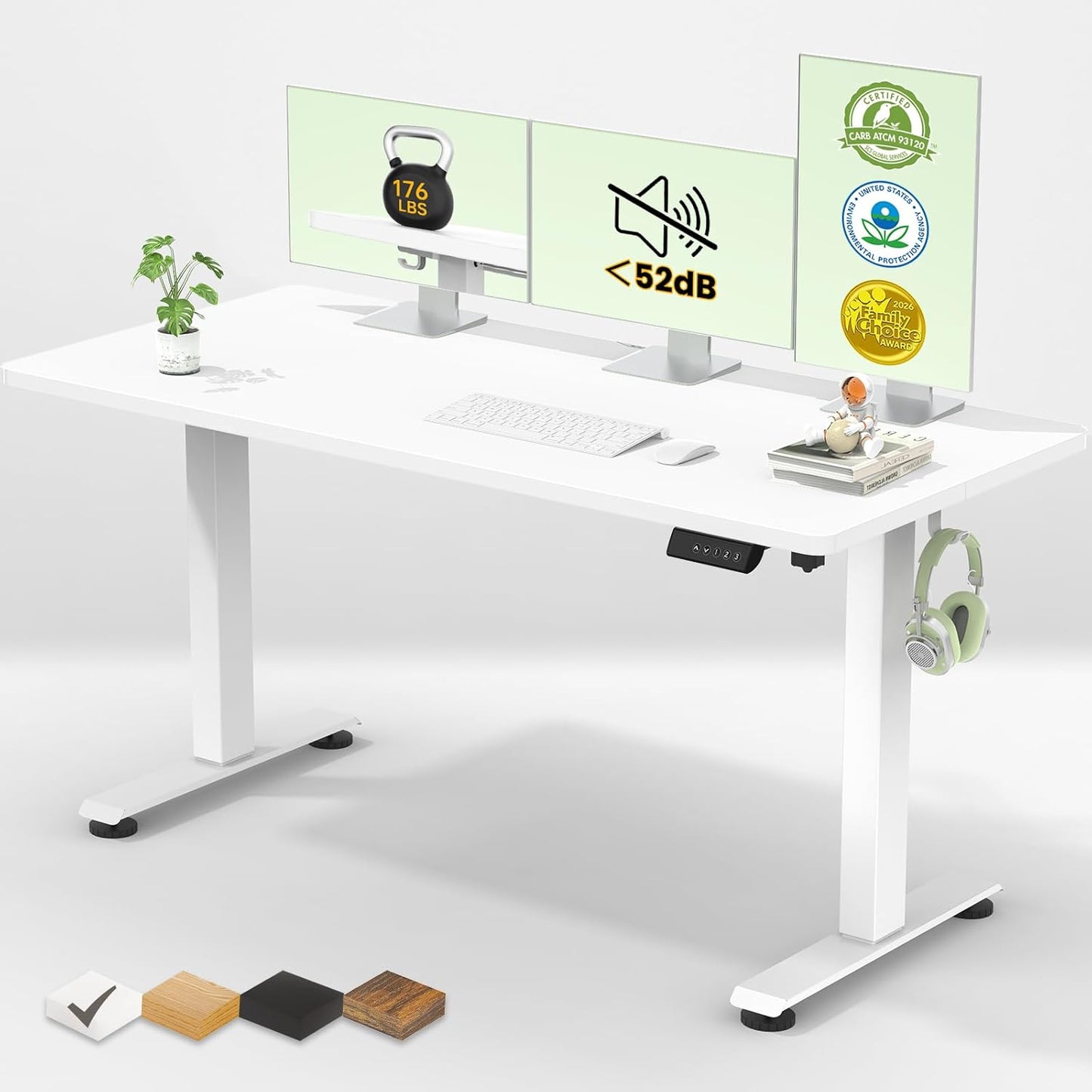 Veken Electric Standing Desk - 55 Inch Height Adjustable Home Office Table | White Wooden Desktop for Work & Study