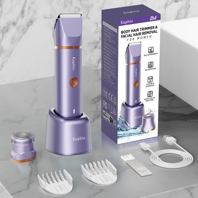 Bikini Trimmer for Women with Dual Head - IPX7 Waterproof & Painless Eletctric Razors for Public Hair - Eletric Shaver for Underarm Leg Body (Purple-Gold)