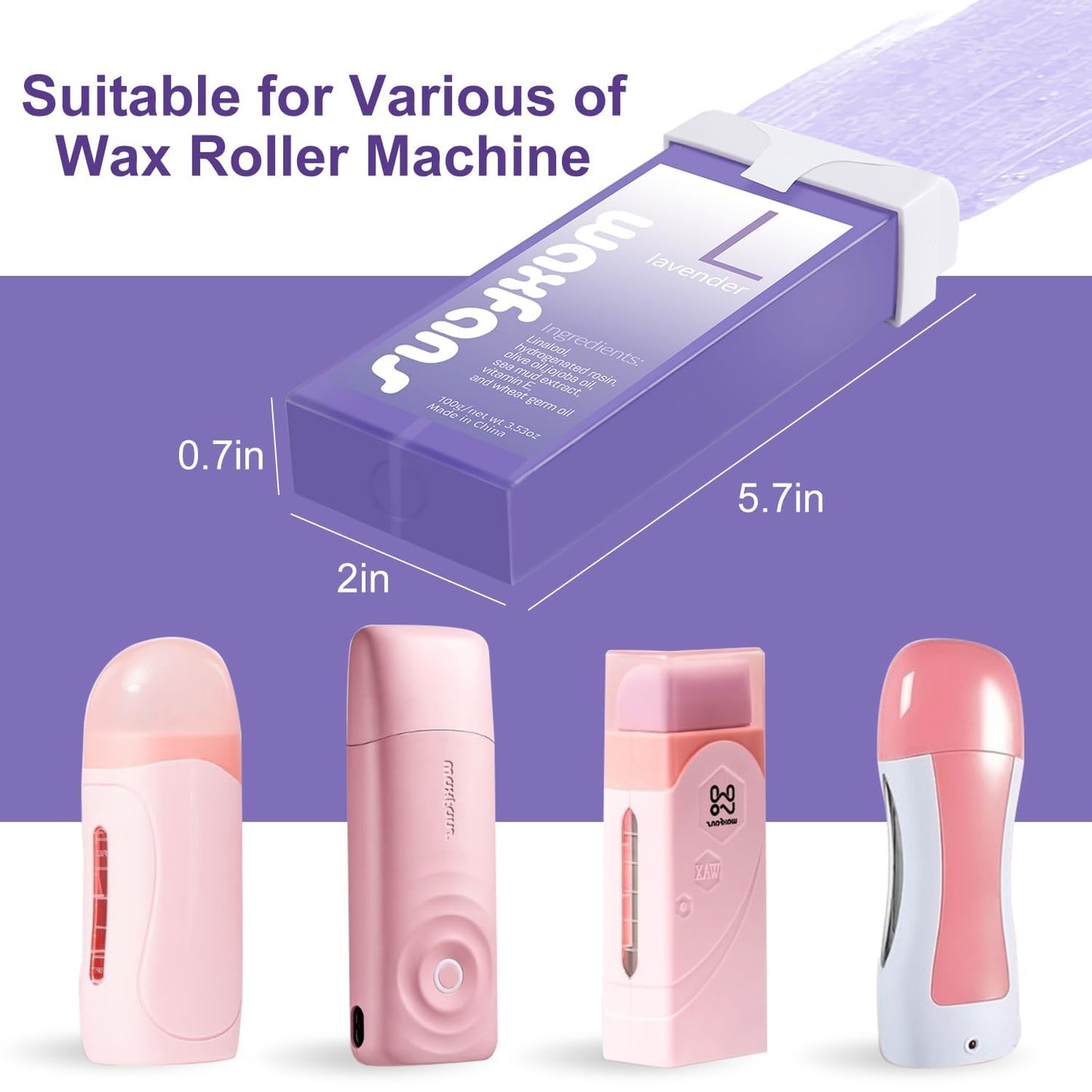 Waxfans Roll On Wax Refill,Wax Roller Refill for Hair Removal.100% Natural Wax Cartridge Refill,Quick Melting - For Coarse and Fine Hairs.with 3.53 Ounce(Pack of 4) Lavender Wax Rollers, 50 Wax Strips