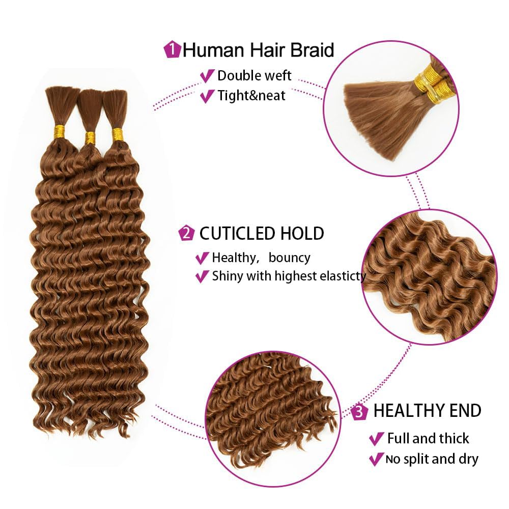 #30 Human Braiding Hair For Boho Braids light Brwon Bulk Crochet Human Hair Boho Braiding #30 Deep Wave Braids Bulk Bohemian 3 Bundles/Pack 150g 22 22 22 Inch