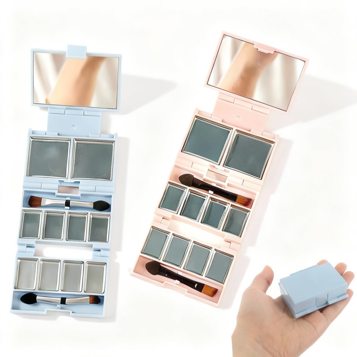 Mini Foldable Magnetic Makeup Palettes - 3-Layer Eyeshadow Organizer | Travel-Friendly, Pink & Blue
