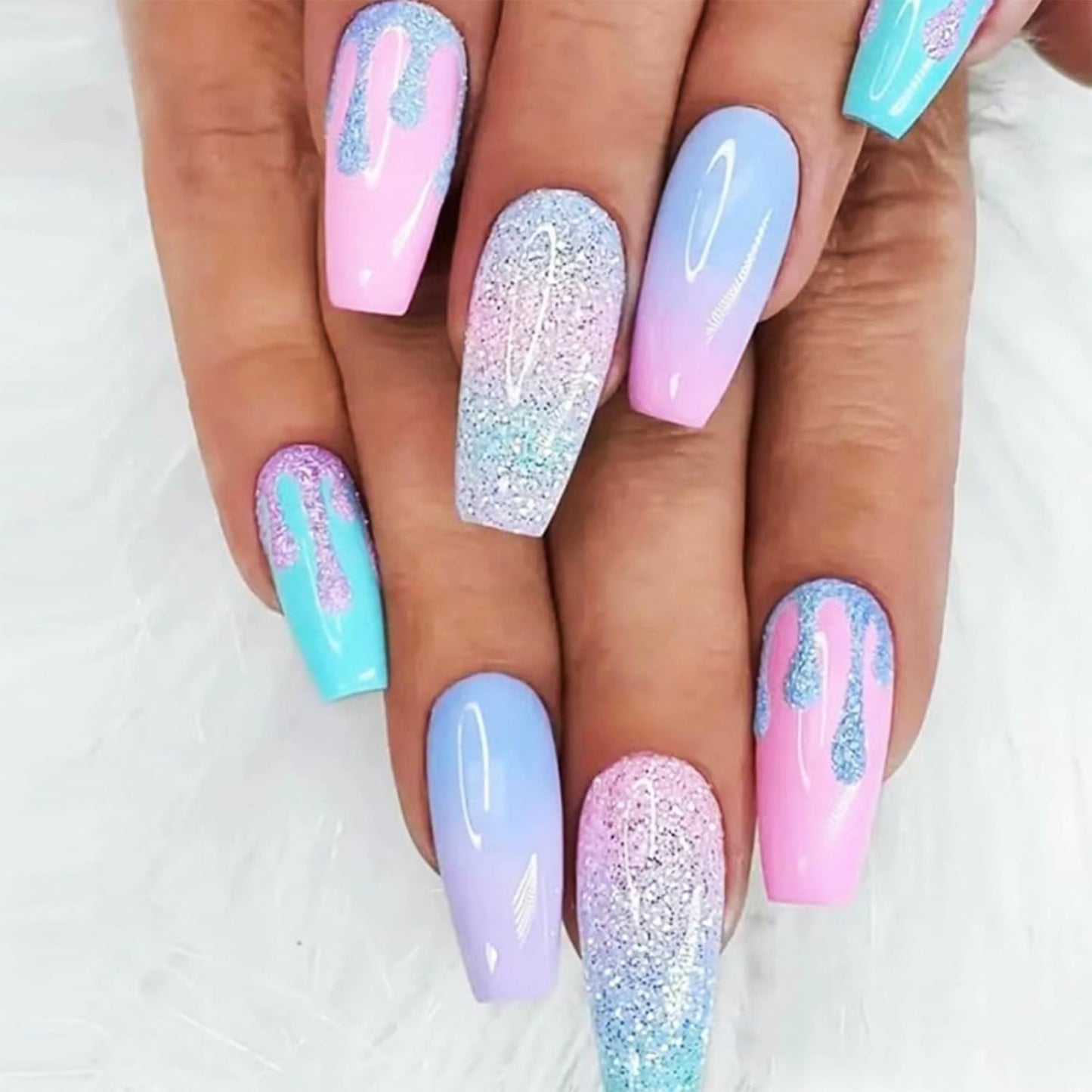 Rainbow Gradient Coffin Nails - 24Pcs Macaron Design Acrylic Glitter Manicure | Medium Glossy Finish