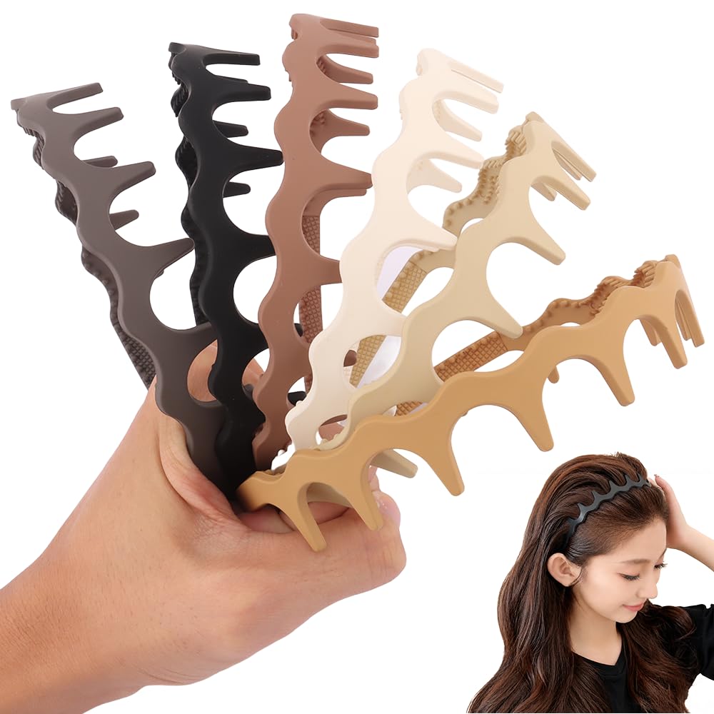 AHONEY 6 Pack Zig Zag Teeth Headbands with Matte Neutral – Trendy Non-Slip Hair Bands for Women Mens, Perfect for Daily Style or Skincare Routines