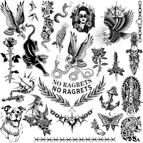 Black Old School Temporary Tattoos for Adults - 300+PCS Retro American Style Fake Arm Tattoos, Waterproof & Easy to Apply