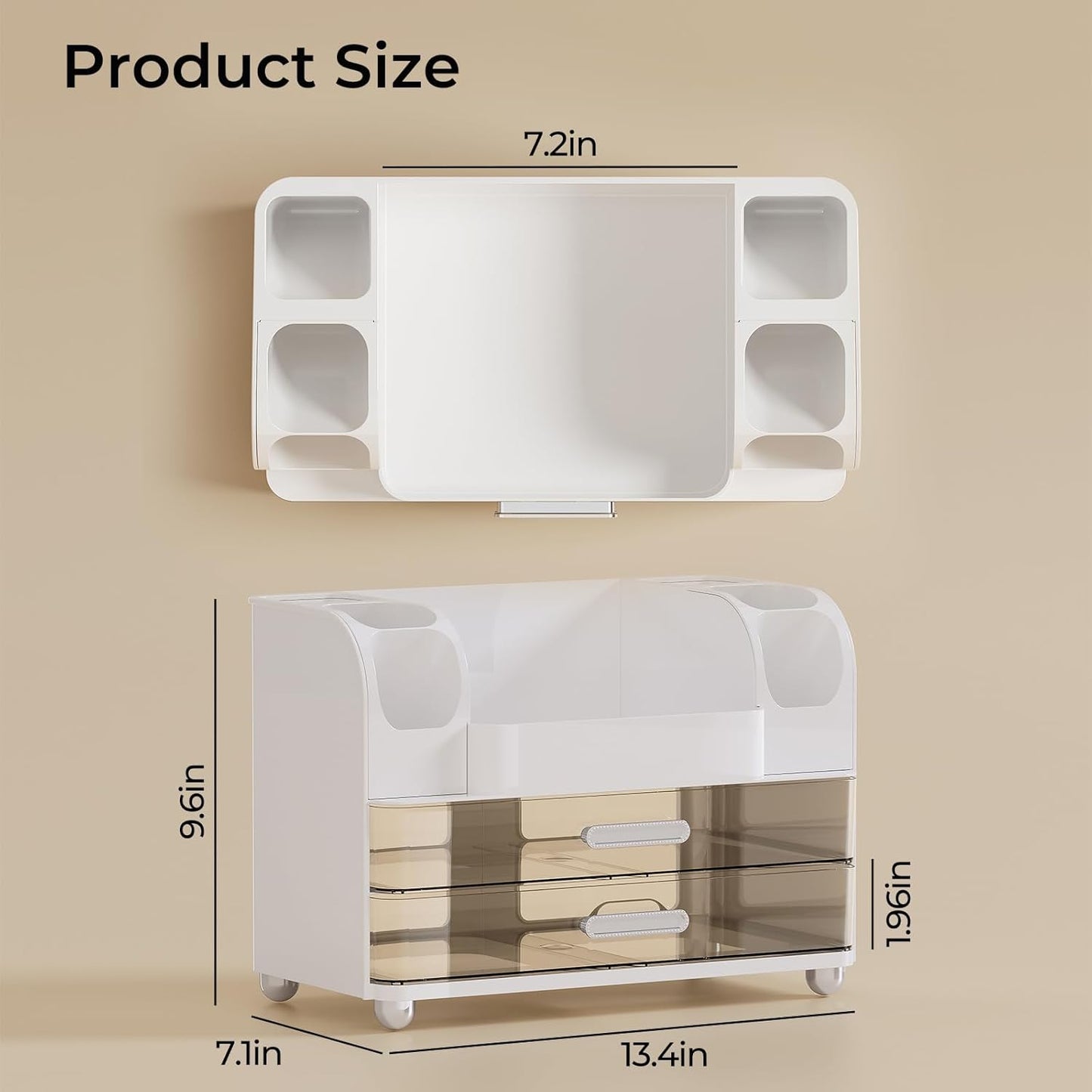 Makeup Organizer for Vanity - 2 Large Drawers & Brush Holders | White Cosmetic Display Case for Skincare & Perfume