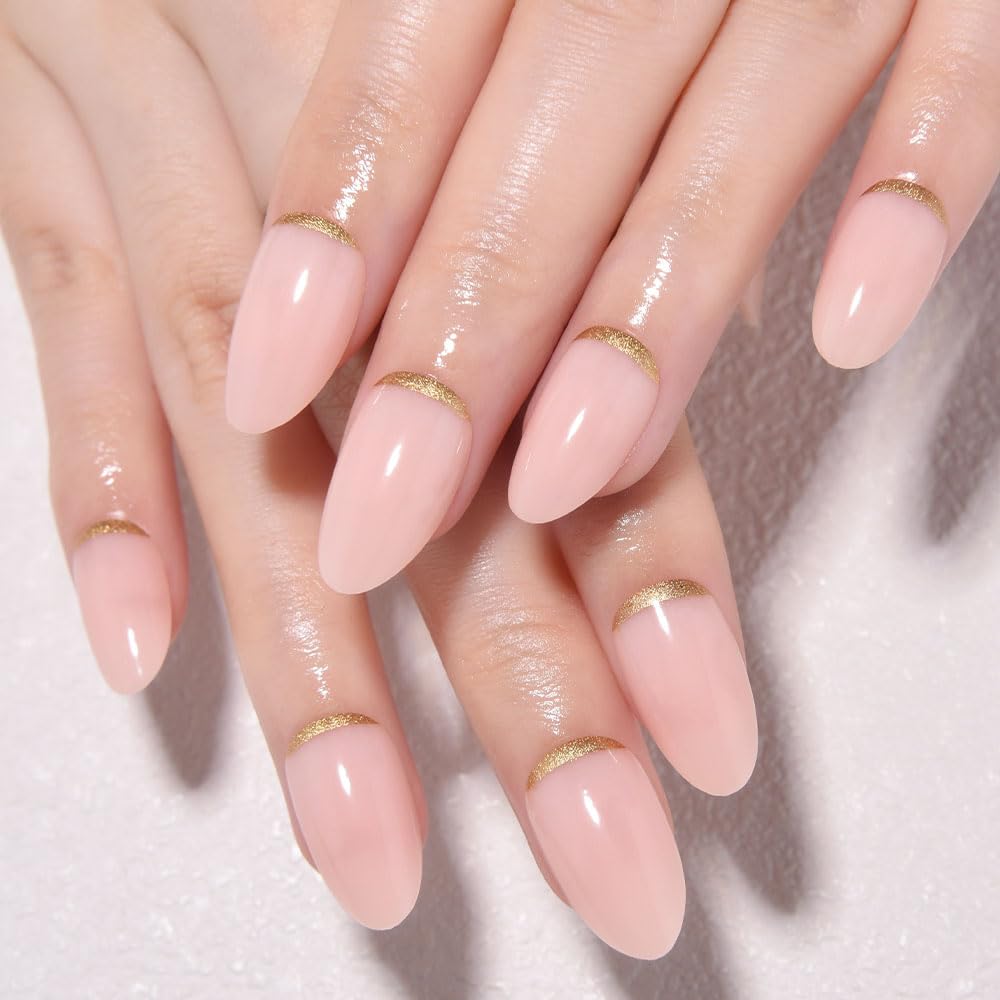 Short Almond Press-On Nails - French Tip & 3D Gold Star Design | Glossy Full Cover Acrylic, Reusable Fake Nails for Women