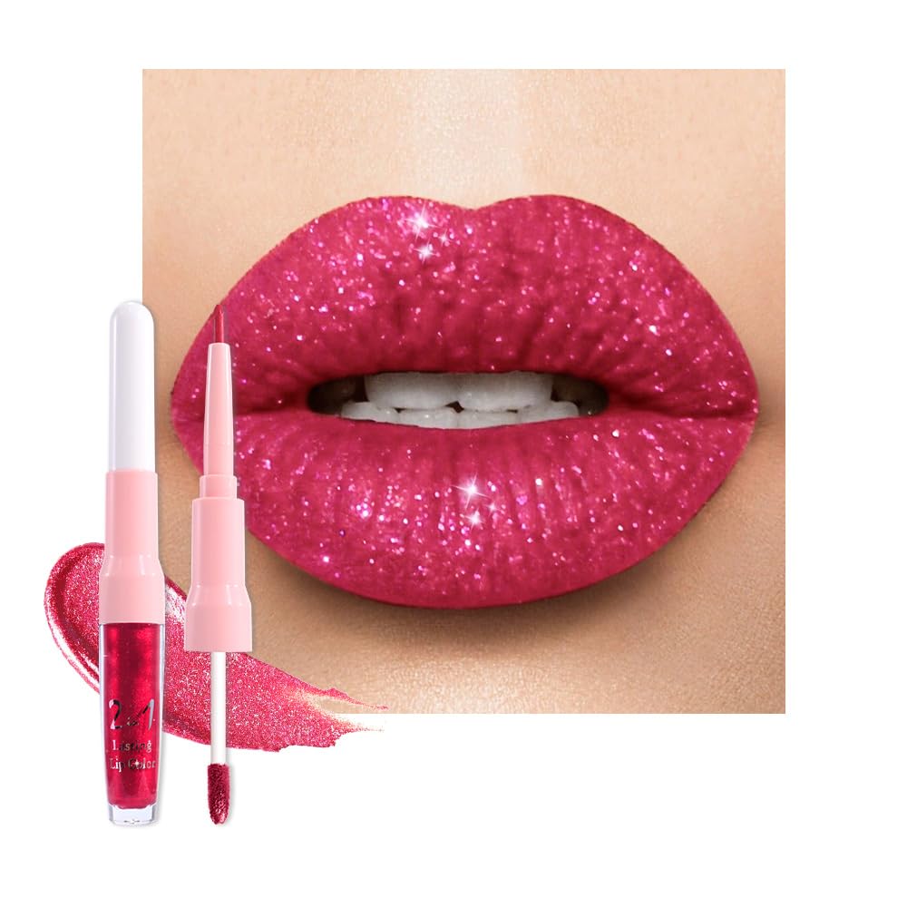 Dark Purple Red Metallic Glitter Lip Liner & Lipstick Combo - Long Lasting Waterproof Liquid Lipstick Set for Women | Iridescent Shine, Non-Stick Cup