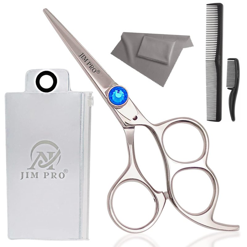 JIM PRO - 5’’ German Beard Mustache Scissor with 2 combs and Carrying pouch - Premium Hair Trimming Kit for Men's Facial Hair -Perfect Shears for Personal Grooming, Cutting & Styling (BLUE+SILVER)