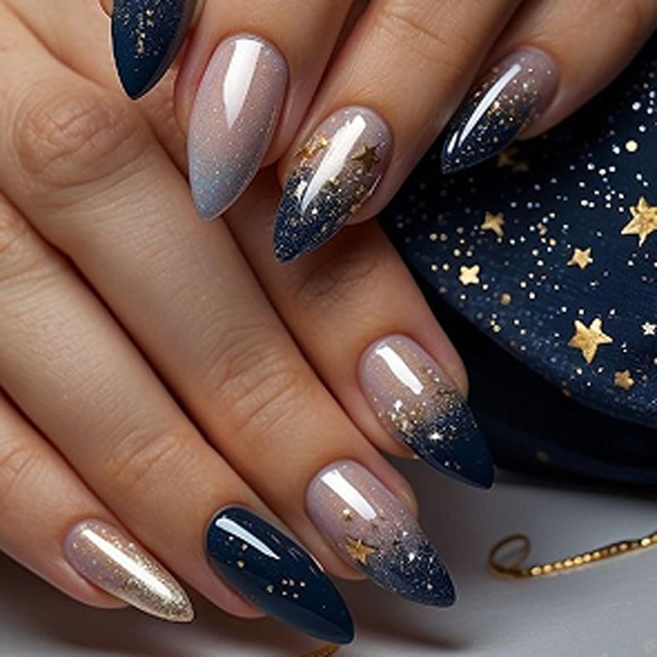 Short Almond Press-On Nails - French Tip & 3D Gold Star Design | Glossy Full Cover Acrylic, Reusable Fake Nails for Women