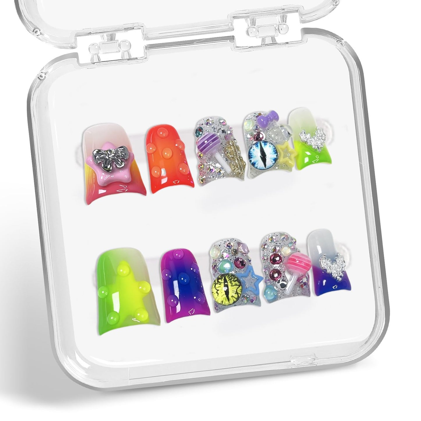 Colorful 3D Flower Press-On Nails - Handmade Thick Acrylic Full Cover | White French Tip (Medium)