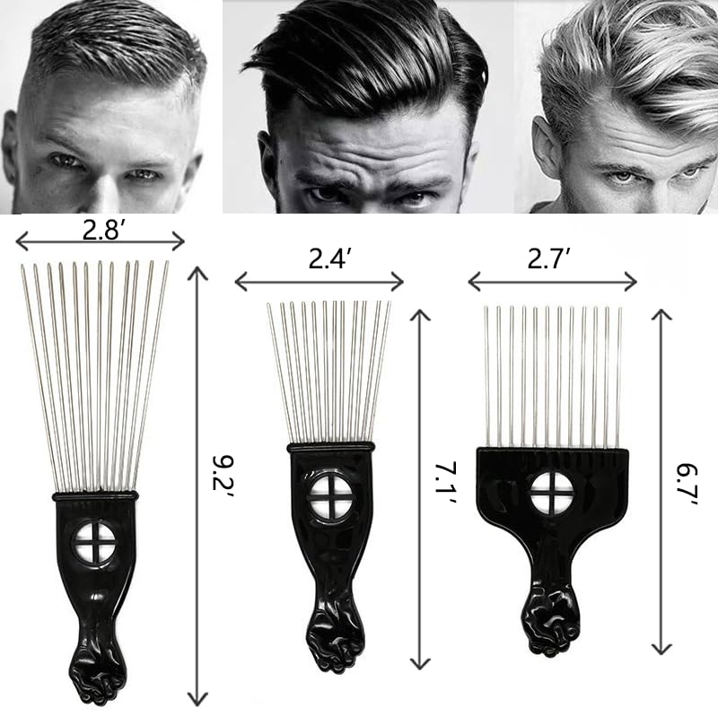 3 Pack Afro Pick Combs for Curly Hair - Black Metal & Plastic Detangling Styling Tools