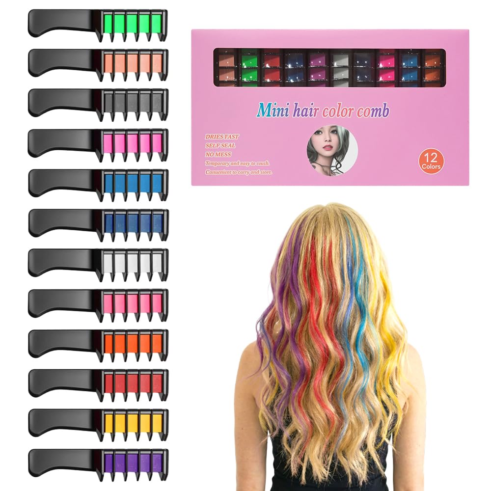 Festive Fun Hair Chalk Combs - 12 Washable Temporary Hair Dye for Girls & Women | Perfect for Parties & Creative DIY