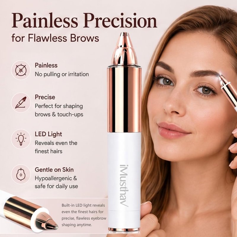 Eyebrow Trimmer for Women, Precise & Painless Eyebrow Razor with LED Light, Electric Facial Hair Remover for Flawless Brows, Lip & Face, Battery Operated, Travel-Friendly, Gold-Plated Design