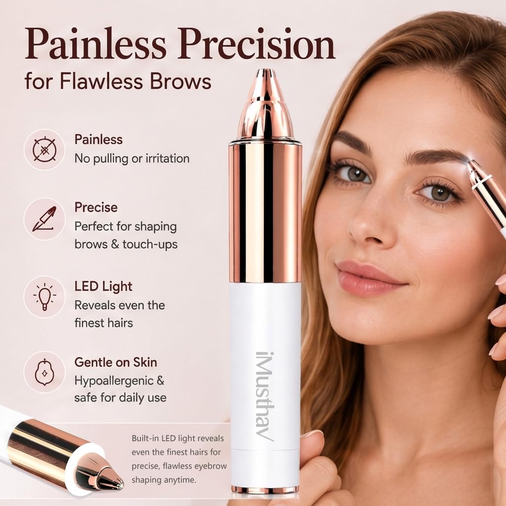 iMusthav Eyebrow Trimmer for Women, Precise & Painless Eyebrow Razor with LED Light, Electric Facial Hair Remover for Flawless Brows, Lip & Face, Battery Operated, Travel-Friendly, Gold-Plated Design