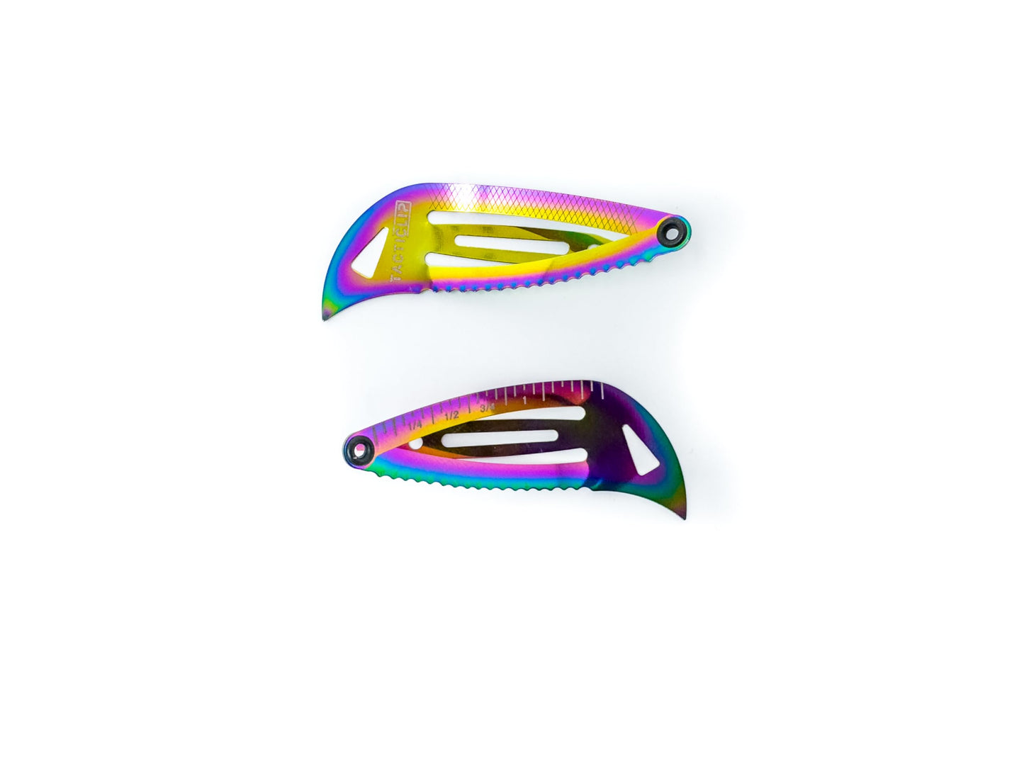 Iridescent Tactical Hair Clips 2.0, 4 Pack - Multitool Snap Barrettes - SUS301 Stainless Steel Multi-Functional Keychain Multi Tool - Nail File, Serrated Edge, Raptor Claw - Kippah Tacticlips