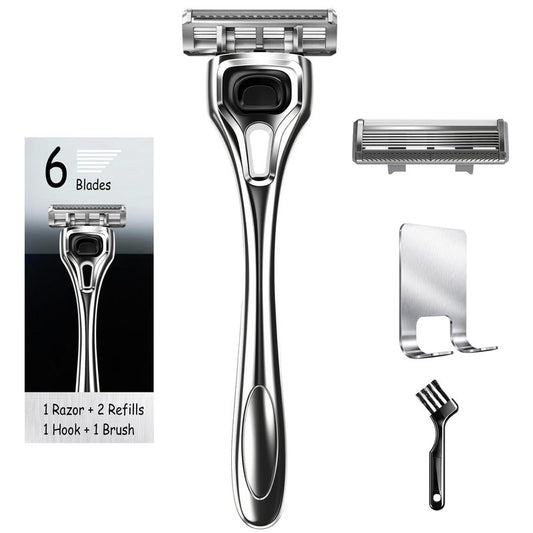 FYNEDGE Professional 6-Blade Men's Razor with Lubricating Strip & Precision Trimmer, 45° Pivoting Head, Metal 1 Handle +2 Blade Refills, Includes Cleaning Brush & Wall Mount