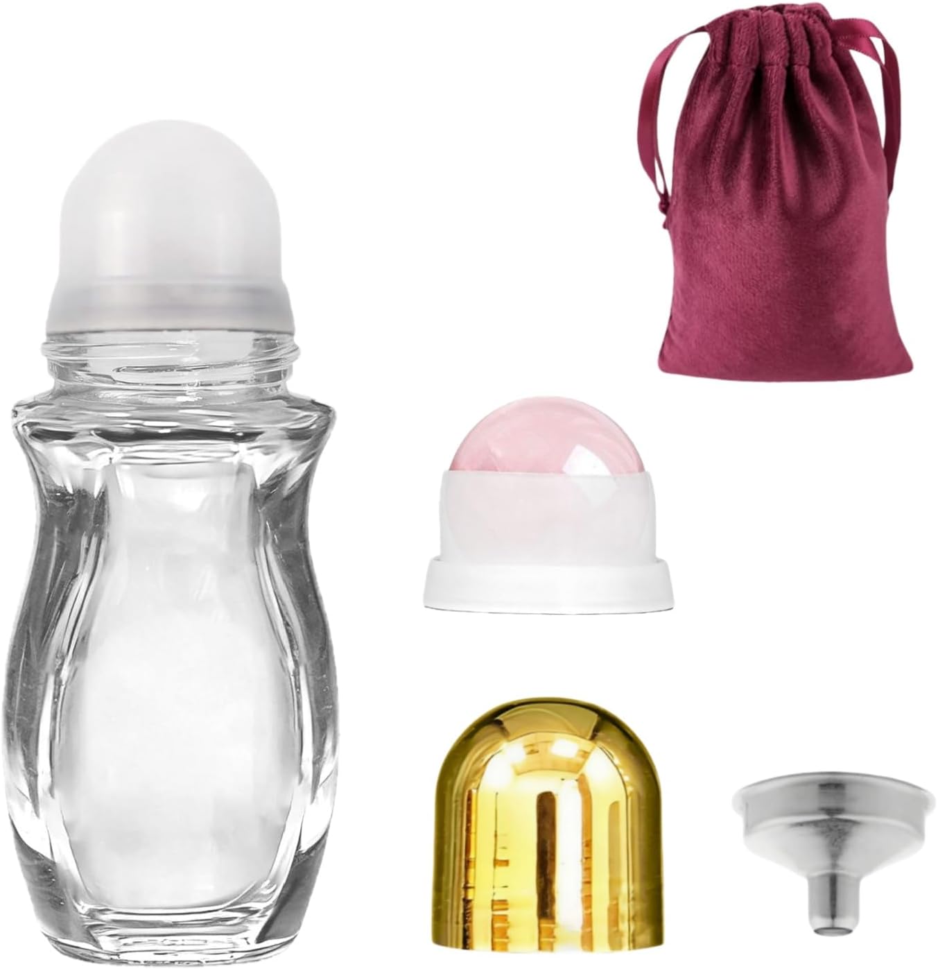 Rose Quartz Roller Bottle - 50ml Refillable Amber Glass Container | Leak-Proof Design with Pink Beads