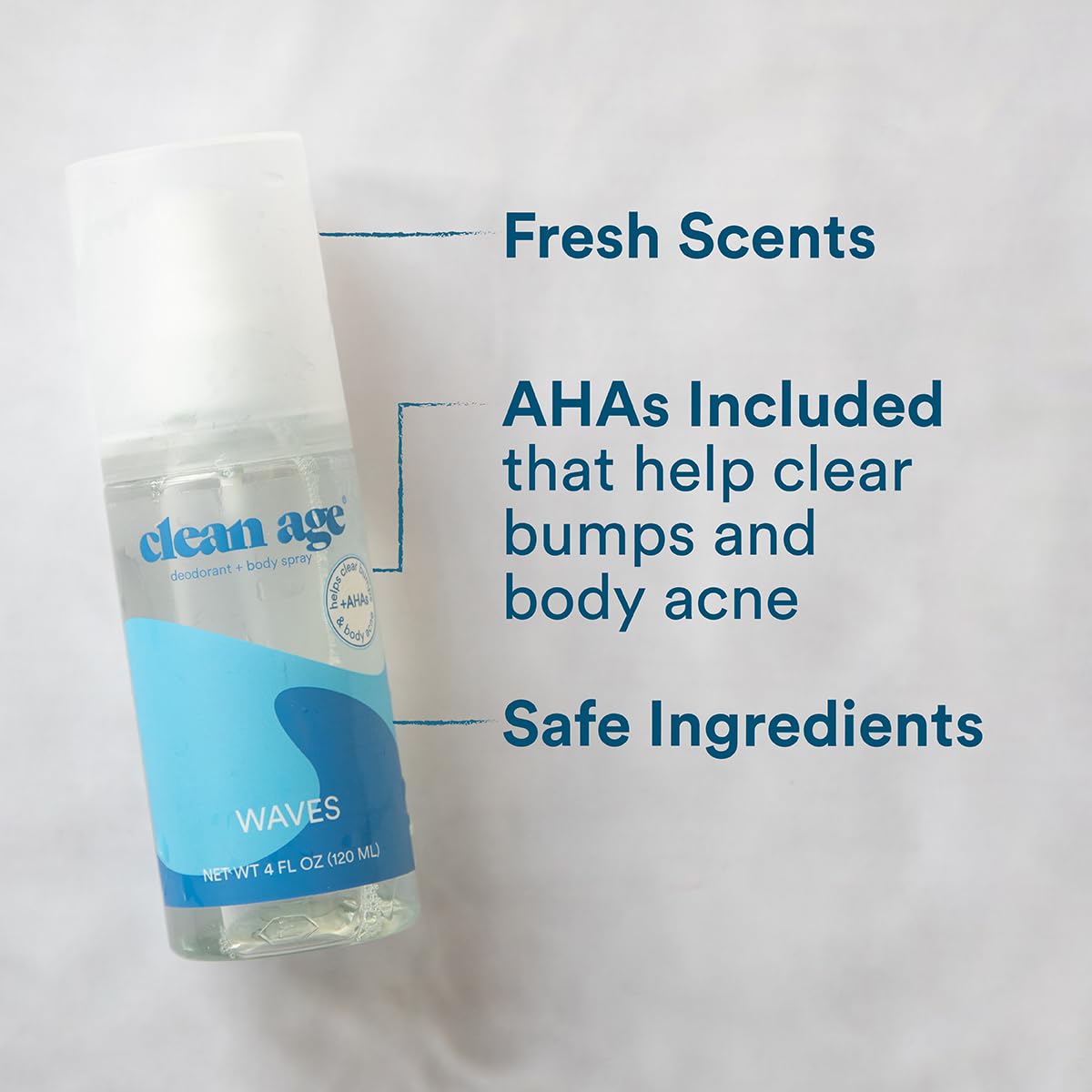 Clean Age - Aluminum Free Deodorant & Body Spray - Waves 4oz - Clean Deodorant and Body Spray for Teen Boys and Girls - With AHA For Body Acne
