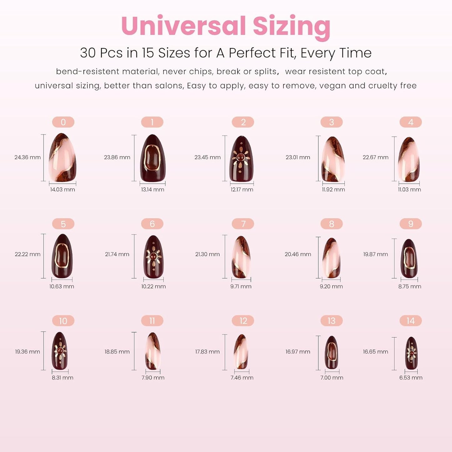 Press On Nails - Sun Stone Medium Almond Fake Nails with 3D Golden Shimmer | Reusable Stick-On Nails in 15 Sizes - 30 Nail Kit for Women