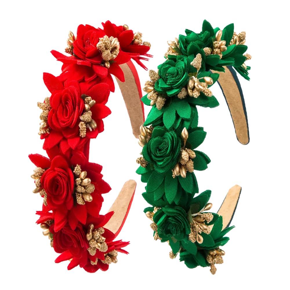TURTLEDOVE Red Green Rose Fairy Headband, Baroque Chunky Flower Headbands for Women, Flower Fairy Accessories with Gold Accents
