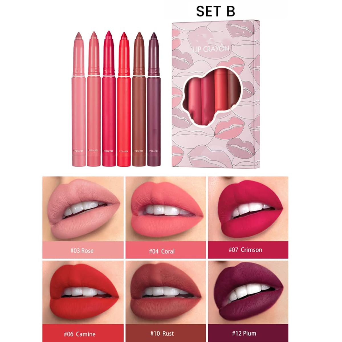 Pakivs 12 Colors Crayon Lipstick Set, Non-Fading Non-Stick Cup Matte Lipstick Pen Waterproof Long Lasting Velvet Lipstick Pencil Lip Liner (Set A + Set B)
