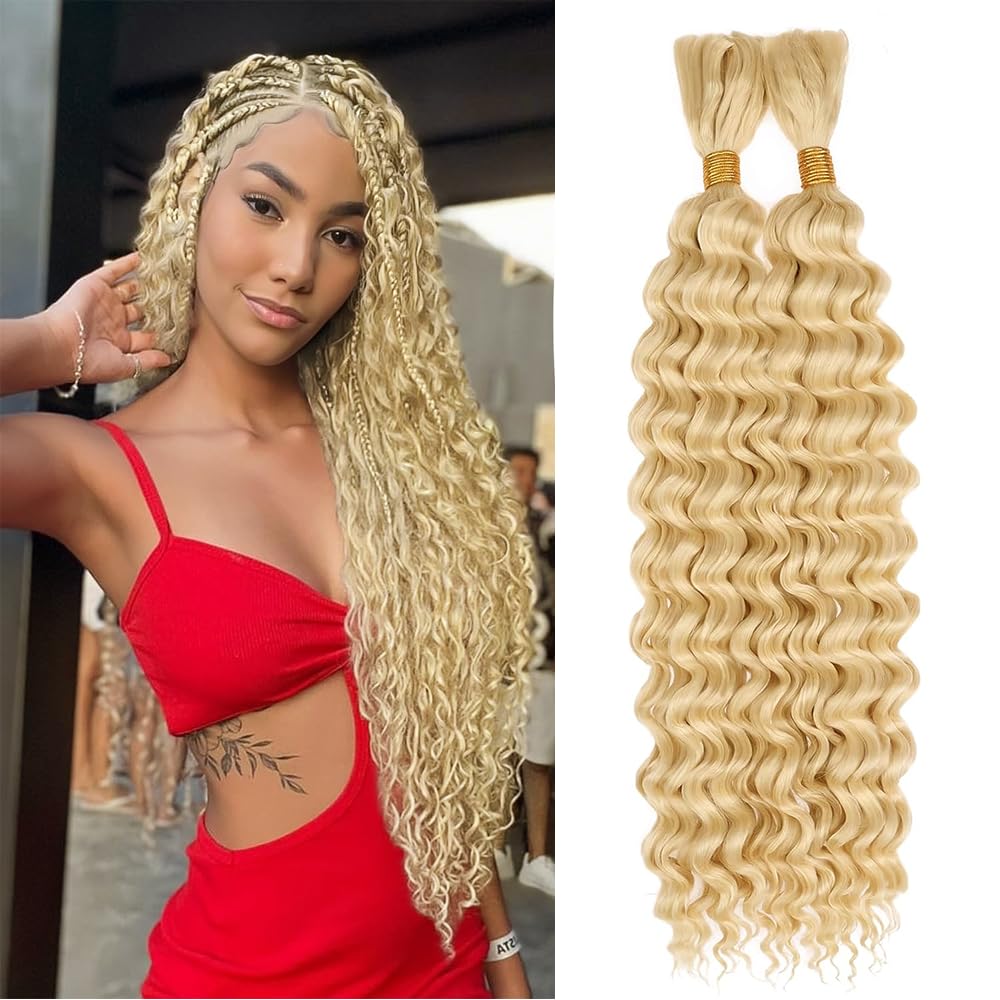Auokmar Blonde Human Braiding Hair 20 Inch 613 Blonde Deep Wave Boho Braids Human Hair 100g 2 Bundles/Pack No Weft Braiding Human Hair
