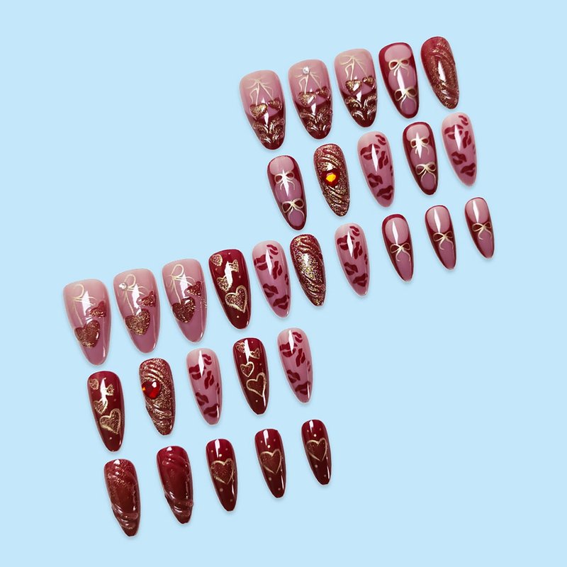 Valentine's Press-On Nails - 30pcs Medium Almond with 3D Red Heart & Glitter Designs | Full Cover Red French Tips