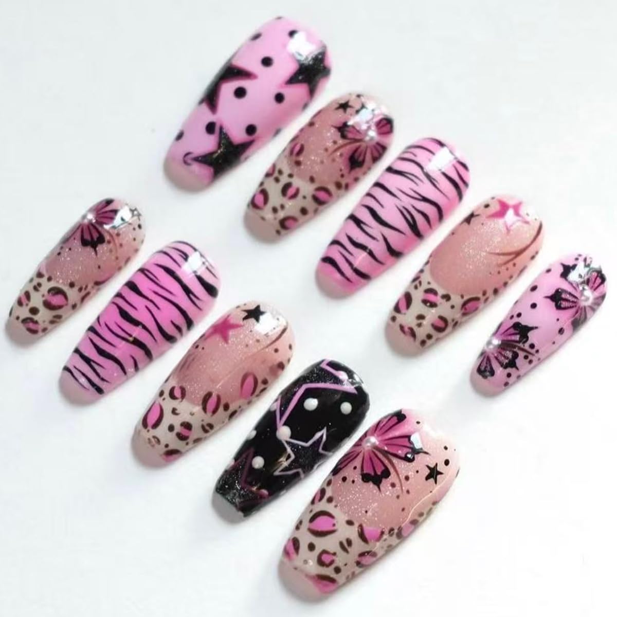 30 Pcs Pink Black Leopard Flower Press On Nails Medium Square Fake Nails with Pearl Designs French Tip Glue on Nails Y2k Cute Artificial Nails Reusable Acrylic False Nails for Women Manicure Salon