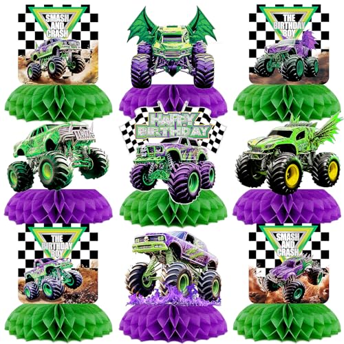 9Pcs Monster Truck Honeycomb Centerpieces for Birthday Parties